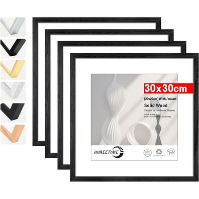 Himeetime 4er Set Bilderrahmen 30x30 cm Schwarz mit Passepartout für 20x20 cm
