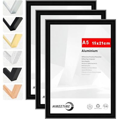 Himeetime 3x Bilderrahmen DIN A5 (14,8x21 cm) Schwarz Metall Rahmen für