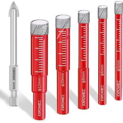 Kafuwell Diamant Fliesenbohrer Profi-Set 6tlg, 5-12mm Glasbohrer & 6mm