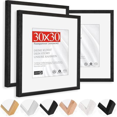 Himeetime 3x Bilderrahmen 30x30 cm Natur Holz Schwarz Dünner Rahmen