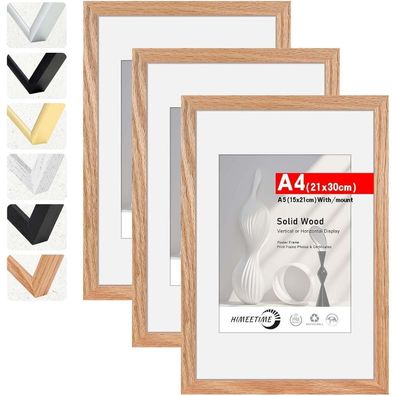 Himeetime 3x Bilderrahmen DIN A4 (21x30 cm) aus massivem Eichenholz, Natur