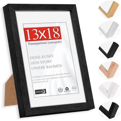Himeetime Bilderrahmen 13x18 cm Natur Holz Schwarz, Passepartout 10x15cm