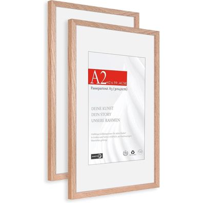Himeetime 2x Bilderrahmen Eiche Natur für DIN A2 (42x59,4cm), Wandmontage, mit
