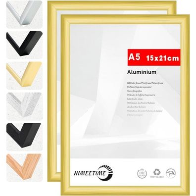 Himeetime 2x Bilderrahmen DIN A5 14,8x21 cm Gold Metall Rahmen für Fotos