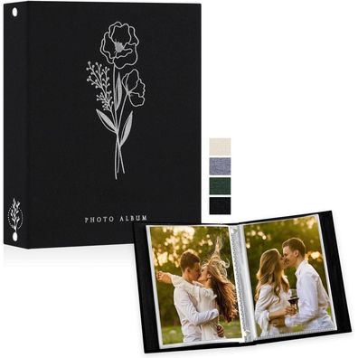 Lanpn Fotoalbum A5 mit Leinenbezug für 50 Hochformat-Bilder, Schwarz