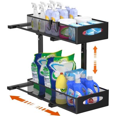 Housolution 2-Etagen Metall Spülschrank Organizer Ausziehbar, Schwarz, 2 Stück