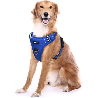Funfox Hundegeschirr XL Blau - Verstellbares Anti-Zug Brustgeschirr mit Griff