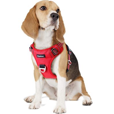 Funfox Anti-Zug Hundegeschirr M Rot - Verstellbar mit Griff, Reflektorstreifen