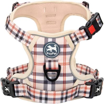 PoyPet No Pull Hundegeschirr mit Frontring, Reflektierend, Kariertes Beige