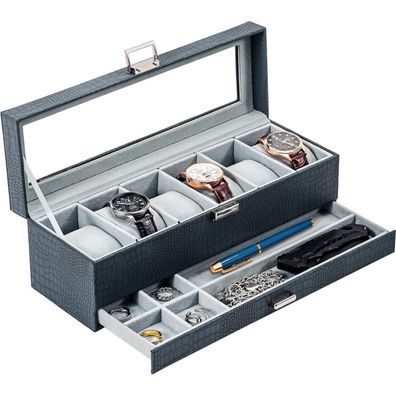 ProCase Uhrenbox mit 6 Fächern, 2 Ebenen, Glasdeckel und Schublade für Schmuck