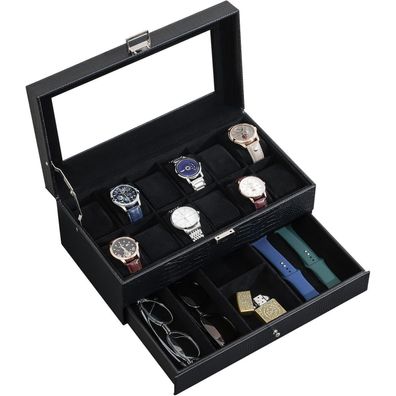 ProCase Uhrenbox mit 12 Fächern, 2 Ebenen, Glasdeckel, herausnehmbare Kissen
