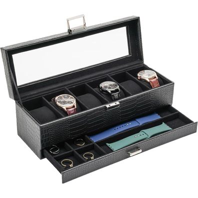 ProCase Uhrenbox mit 6 Fächern und 2 Ebenen, Eidechsenschwarz