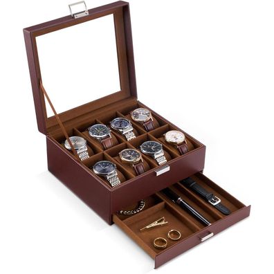 ProCase Uhrenbox mit 8 Fächern, 2 Ebenen, Glasdeckel, Espresso