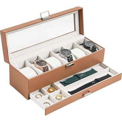ProCase Uhrenbox mit 6 Fächern und 2 Ebenen, Uhrenkasten mit Glasdeckel und