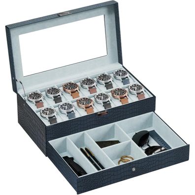 ProCase Uhrenbox mit 12 Fächern, 2 Ebenen, Glasdeckel, herausnehmbare Kissen