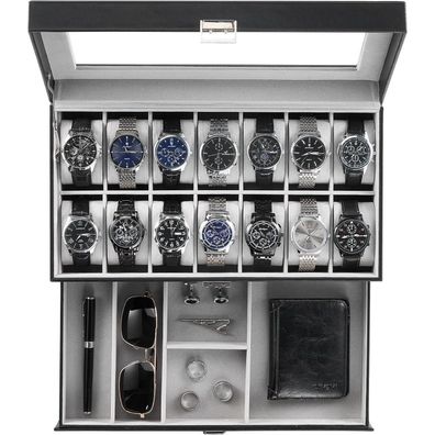 ProCase Uhrenbox mit 14 Fächern, 2 Ebenen, Glasdeckel, herausnehmbare Kissen