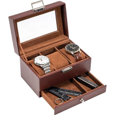 ProCase Uhrenbox mit 3 Fächern und Glasdeckel, Espresso, 2 Etagen für Uhren und