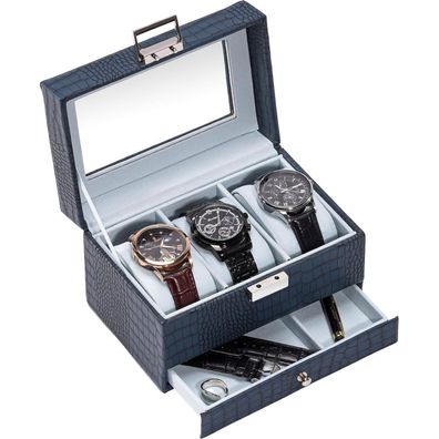 ProCase Uhrenbox mit 3 Fächern und Glasdeckel, ideal als Geschenk, Blau