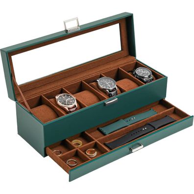 ProCase Uhrenbox mit 6 Fächern und 2 Ebenen, Glasdeckel, Schmuckaufbewahrung