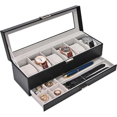 ProCase Uhrenbox mit 6 Fächern, 2 Ebenen, Glasdeckel und Schublade für Schmuck