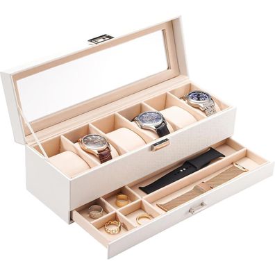 ProCase Uhrenbox für 6 Uhren, 2 Ebenen, mit Glasdeckel und Schmuckschublade