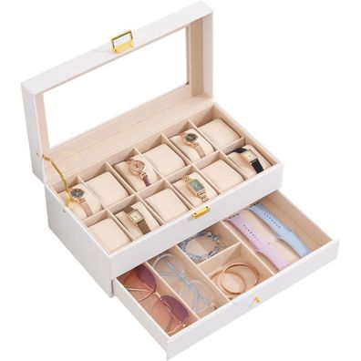 ProCase Uhrenbox mit 12 Fächern und Glasdeckel, 2 Ebenen, herausnehmbare