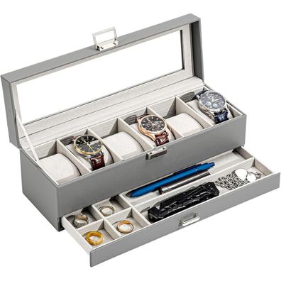 ProCase Uhrenbox mit 6 Fächern, 2 Ebenen, Glasdeckel und Schublade für Schmuck