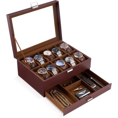 ProCase Uhrenbox mit 10 Fächern, 2 Ebenen, Glasdeckel, herausnehmbare Kissen