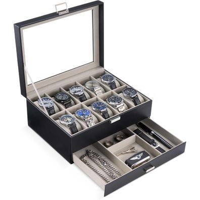 ProCase Uhrenbox mit 10 Fächern, 2 Ebenen, Glasdeckel, herausnehmbare Kissen