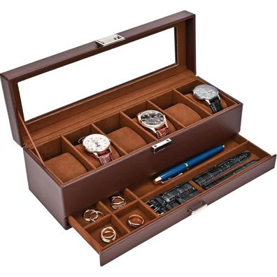 ProCase Uhrenbox mit 6 Fächern, 2 Ebenen und Glasdeckel für Schmuck und Uhren
