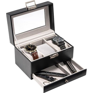 ProCase Uhrenbox mit 3 Fächern und Glasdeckel, Schwarz