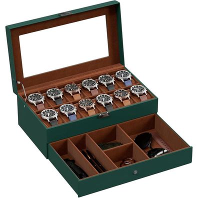 ProCase Uhrenbox mit 12 Fächern, 2 Ebenen, Glasdeckel und herausnehmbaren