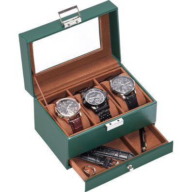 ProCase Uhrenbox für 3 Uhren mit Glasdeckel und Schublade, ideal als Geschenk