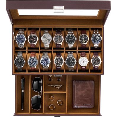 ProCase Uhrenbox mit 14 Fächern, 2 Ebenen, Glasdeckel, Espresso
