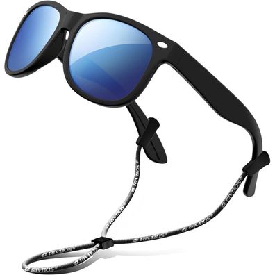 RIVBOS Kinder Polarisierte Sonnenbrille mit Riemen, Schwarze Eis Blaue Linse