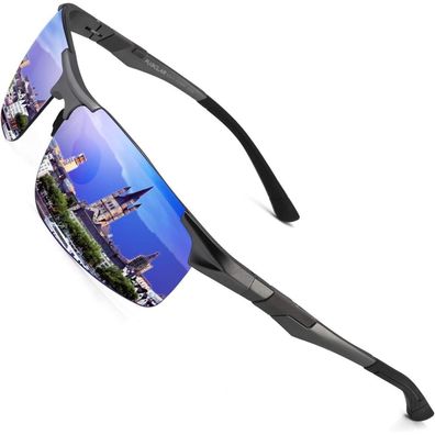 Pukclar Herren Sportsonnenbrille, Al-Mg Metall, Rechteckig, polarisiert, Cat 3