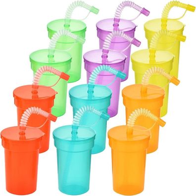 ALINK 12er Pack Neon Partybecher mit Deckel und Strohhalmen, wiederverwendbar
