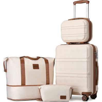 KONO 4-teiliges Koffer Set Weiß/Braun: Handgepäckkoffer, Kosmetikkoffer