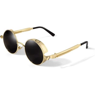 GQUEEN Retro Steampunk Sonnenbrille Herren Damen, Runde Polarisierte Gläser