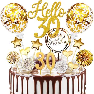 Luckeey Tortendeko 30 Geburtstag, 20 Pcs Gold Cake Topper Deko mit Kerzen für