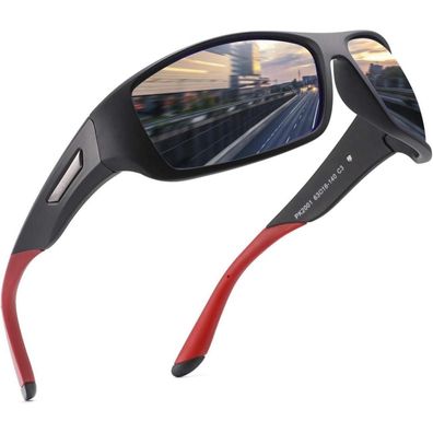 Pukclar Herren Polarisierte Sportbrille UV400 Schutz Cat 3 TR90 C3 Schwarz