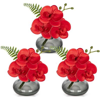 Briful 3er Set Kunstorchideen Künstliche Blumen Wie Echt mit Glasvase, Rote