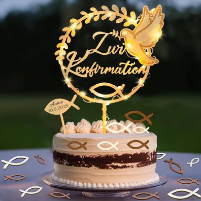 Luckeey Tortendeko Konfirmation mit LED Lichterkette, Holz Cake Topper & 36