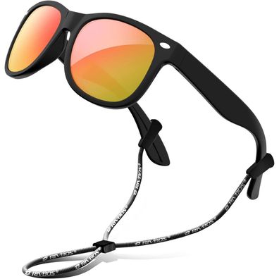 RIVBOS Kinder Polarisierte Sonnenbrille mit Riemen RBK004, Schwarze Eis Rote