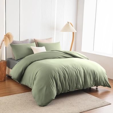 Soifox Bettwäsche Set 140x200 Salbeigrün - Bügelfrei & Knitterfrei aus