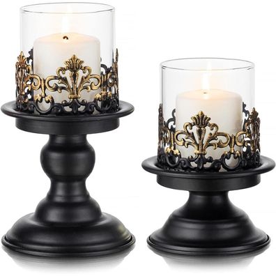 Sziqiqi Vintage Kerzenständer Set (2 Stück) für Stumpenkerzen - Schwarz Matt