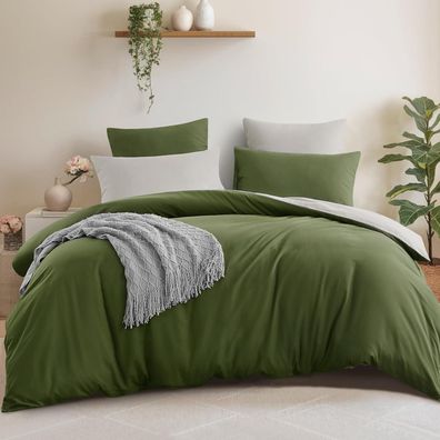 Aisbo Bettwäsche 200x220 cm 3-teilig Olivgrün/Beige - Wendebettwäsche aus