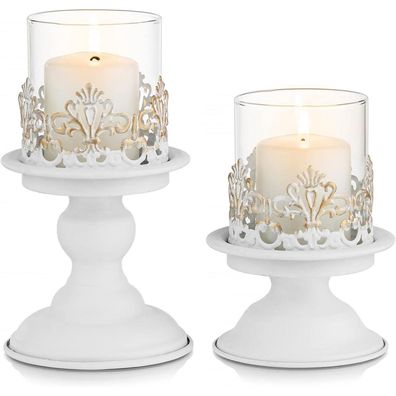 Sziqiqi Landhausstil Kerzenständer Set (2 Stück) - Antik Weiß Metall