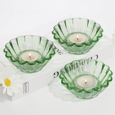 HofferRuffer Teelichthalter Glas Grün, 3er Set für Tischdeko, Hochzeit
