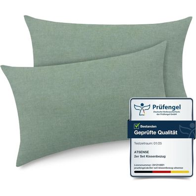 ATsense 2er Set Kissenbezug 40x80 cm - 100% Gewaschene Baumwolle, Grün, mit